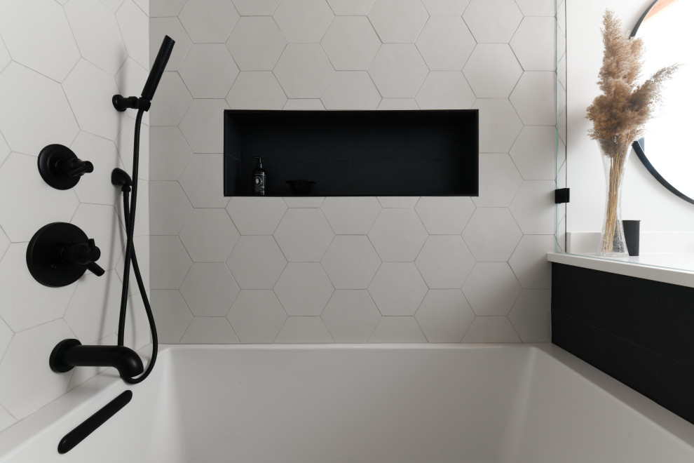 Inspiration for a small modern bathroom in Chicago with flat-panel cabinets, light wood cabinets, an alcove tub, a shower/bathtub combo, a one-piece toilet, white tile, white walls, an undermount sink, quartzite benchtops, white benchtops, a niche, a single vanity, a built-in vanity and exposed beam.