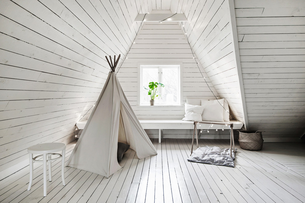 Large scandinavian loft-style bedroom in Gothenburg with white walls, painted wood floors and white floor.