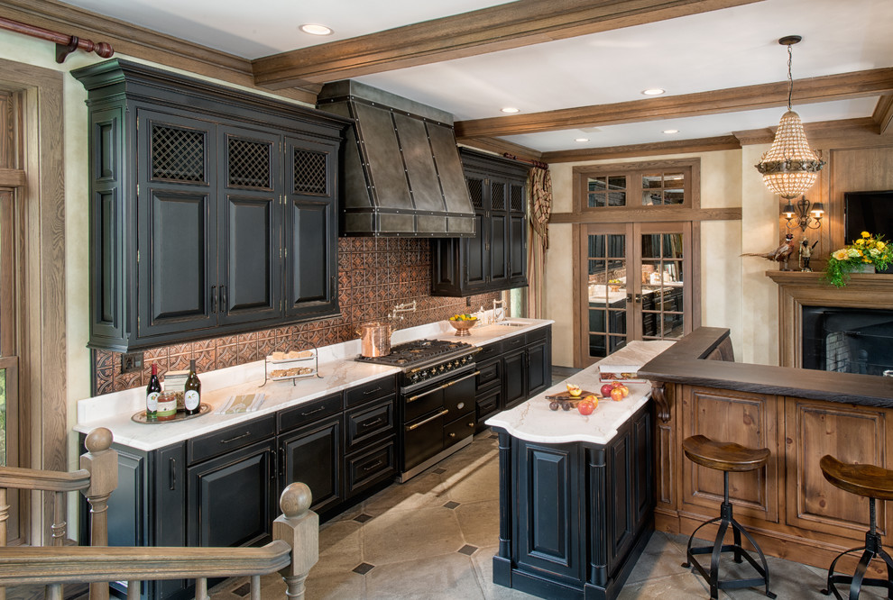 Design ideas for a large eclectic galley open plan kitchen in New York with a farmhouse sink, raised-panel cabinets, black cabinets, marble benchtops, brown splashback, panelled appliances, a peninsula and porcelain floors.