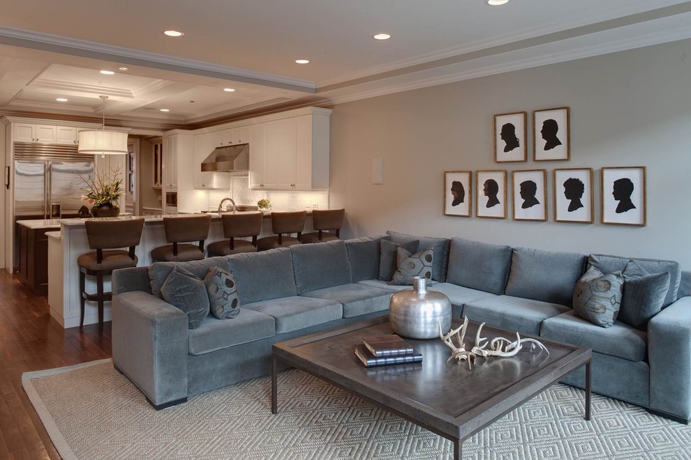 Mid-sized transitional open concept living room in Chicago with grey walls and medium hardwood floors.