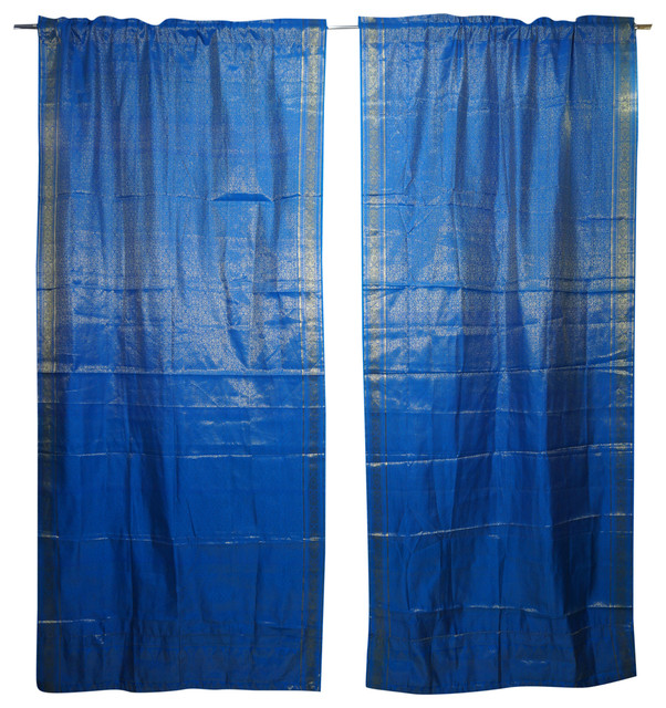 2 Indian Curtains Silk Sari Blue Wedding Decoration Door Panel