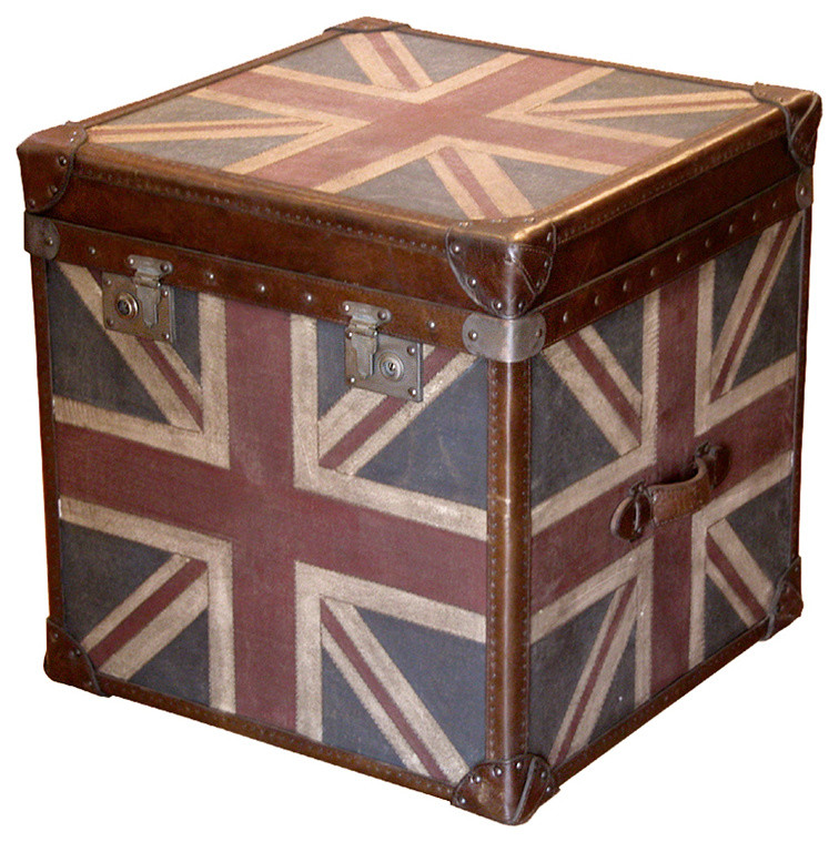 Union Jack Modern Industrial Leather Trunk Side End Table