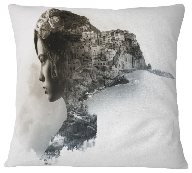 Stylish Woman And View of Manarola Portrait Throw Pillow, 18"x18"