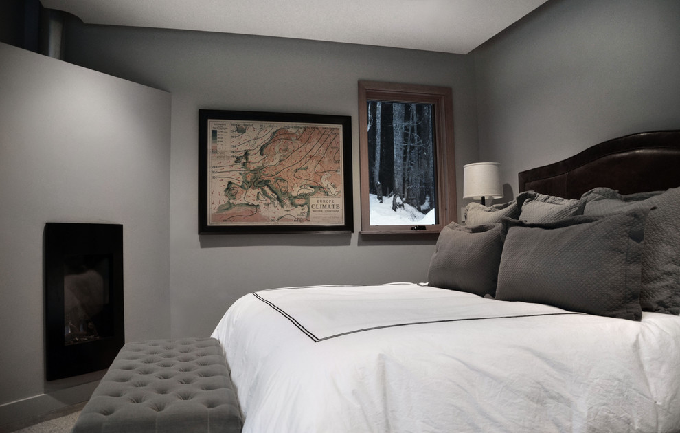 Design ideas for a mid-sized contemporary master bedroom in Chicago with grey walls, a corner fireplace and a plaster fireplace surround.