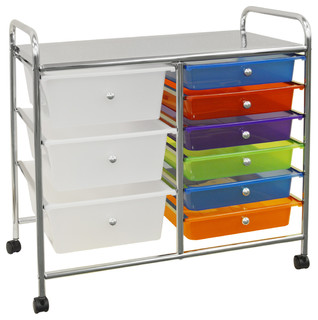 Compact Metal And Plastic 9 Drawer Trolley Silver And Multi