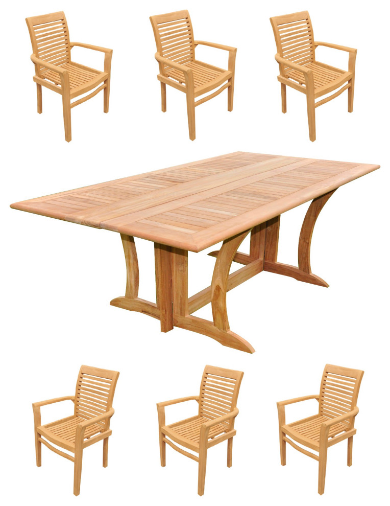 7Piece Outdoor Teak Dining Set 69" Folding Table, 6 Mas Stacking Arm