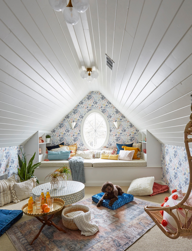 Transitional Kids - Transitional gender-neutral carpeted, shiplap ceiling, wallpaper, beige floor and vaulted ceiling teen room photo in Chicago with multicolored walls