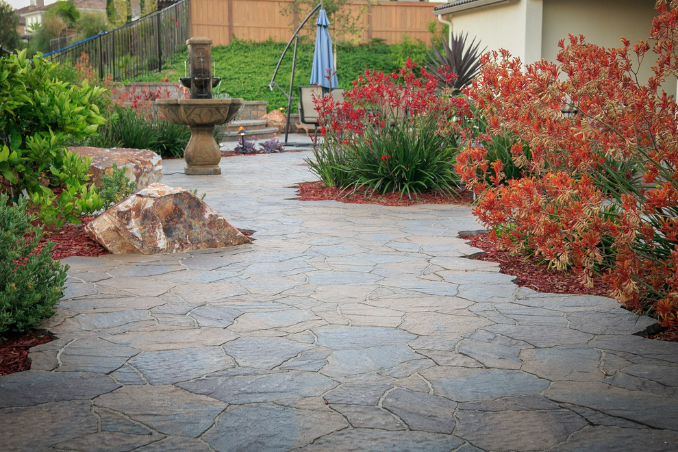 Design ideas for a large backyard xeriscape in San Diego with a garden path and concrete pavers.