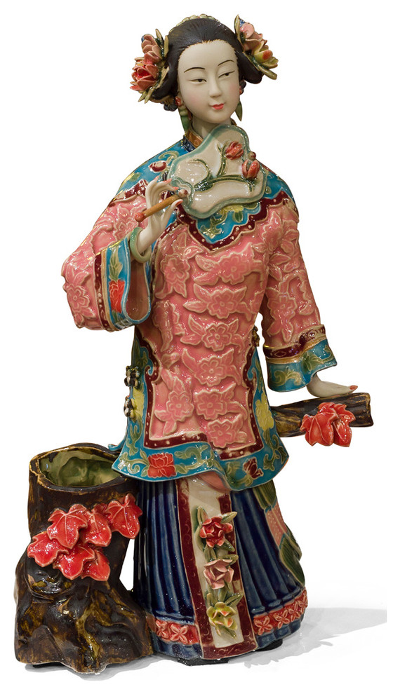 Chinese Porcelain Figurine, Lady with Autumn Maple Leaves Asian Decorative Objects And