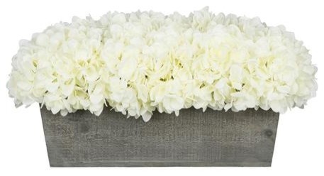 Artificial White Hydrangea in Grey-Washed Wood Ledge