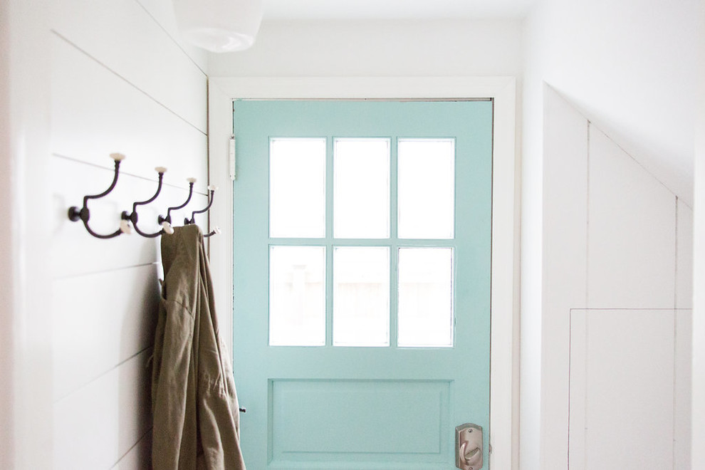 Design ideas for a country mudroom in Minneapolis with white walls, a single front door and a blue front door.