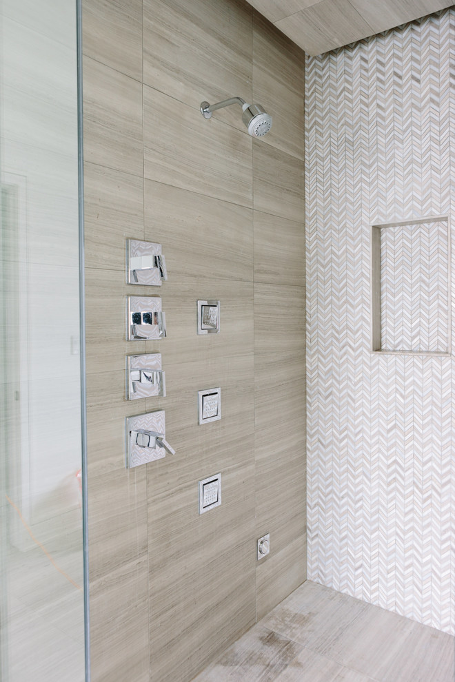 Photo of a mid-sized modern wet room bathroom in Chicago with beaded inset cabinets, white cabinets, a freestanding tub, multi-coloured tile, mosaic tile, white walls, light hardwood floors, a drop-in sink, tile benchtops, multi-coloured floor, a hinged shower door and white benchtops.