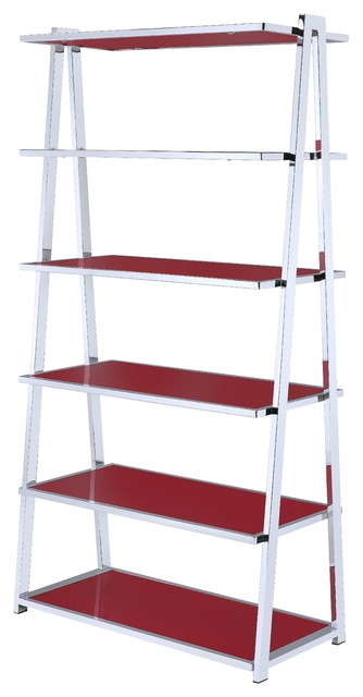 Bookcase Red High Gloss And Chrome Metal Mdf Poly Veneer