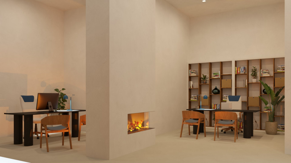 バルセロナにある巨大なアジアンスタイルのおしゃれな書斎 (白い壁、両方向型暖炉、金属の暖炉まわり、自立型机、白い床) の写真