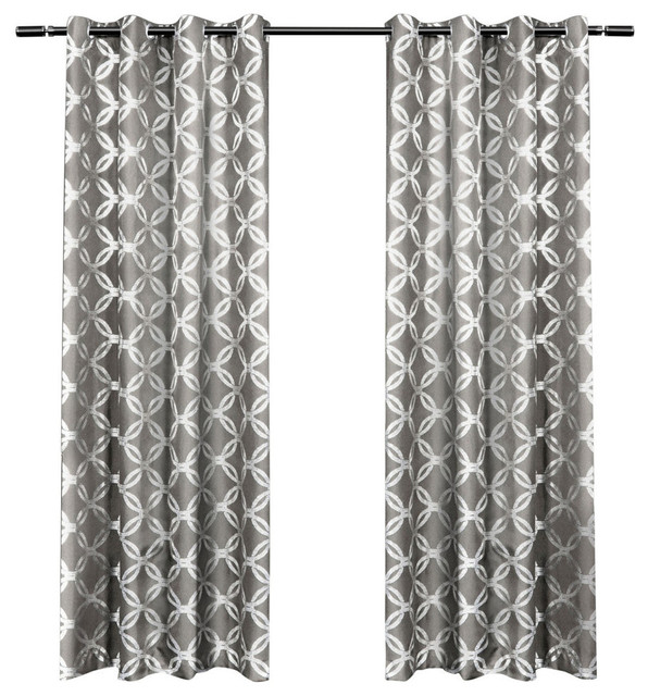 Modo Metallic Geometric Grommet Top Curtain Panel Pair, Black Pearl, 54" X 96"
