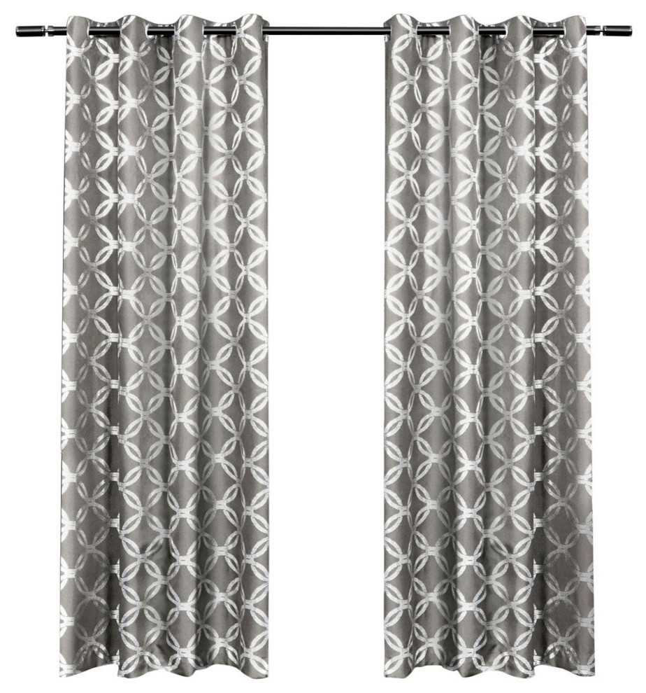 Modo Metallic Geometric Grommet Top Curtain Panel Pair, Black Pearl, 54" X 96"