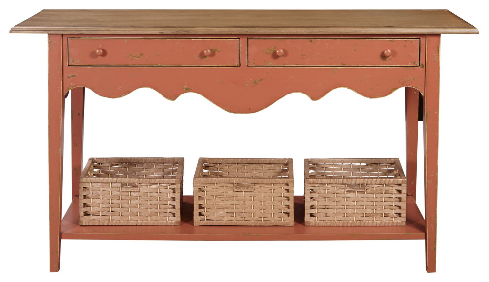 Farmhouse Console Table, Unique Curved Accent & 2 Large Drawers