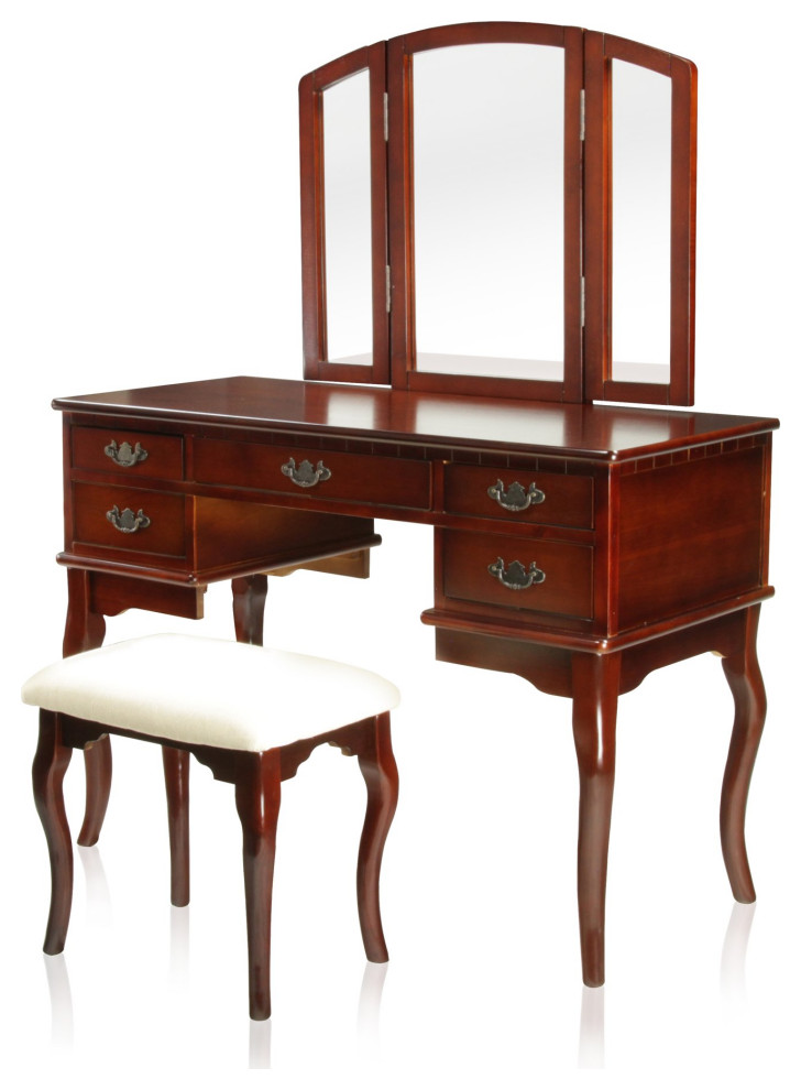 Classic Vanity Set, Anne Style Legs, Tri Folding Mirror & Padded Stool 