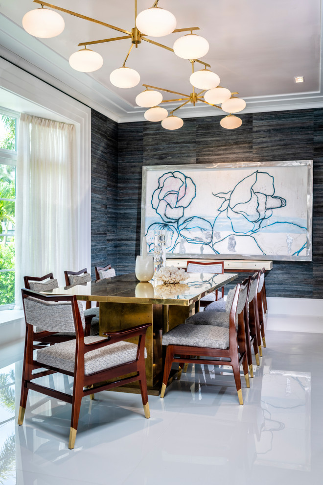 Design ideas for a contemporary dining room in Miami with black walls and white floor.