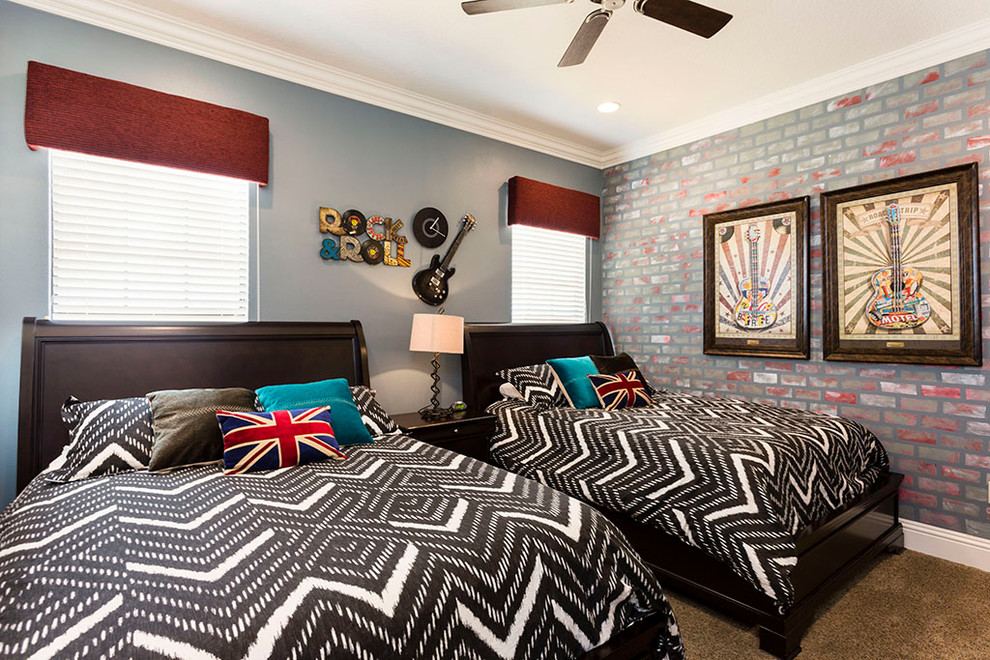 Photo of a transitional teen room for boys in Orlando with multi-coloured walls and carpet.