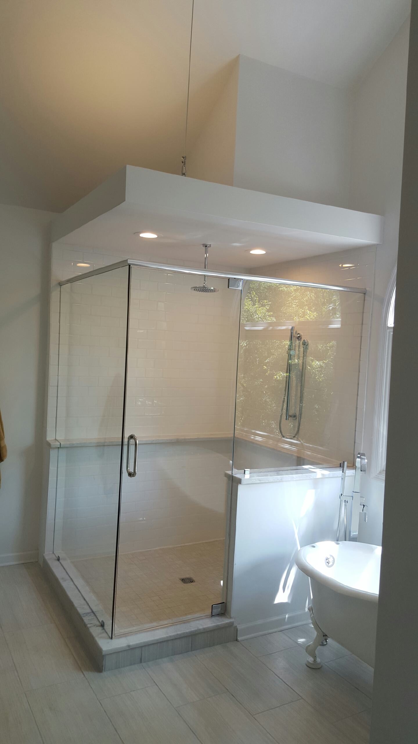 Transitional White Bathroom with Sliding Barn Doors