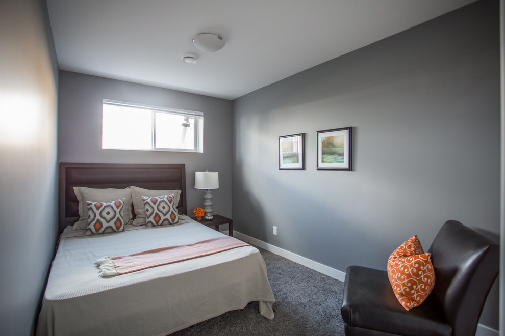 This is an example of a mid-sized modern guest bedroom in Other with grey walls and carpet.