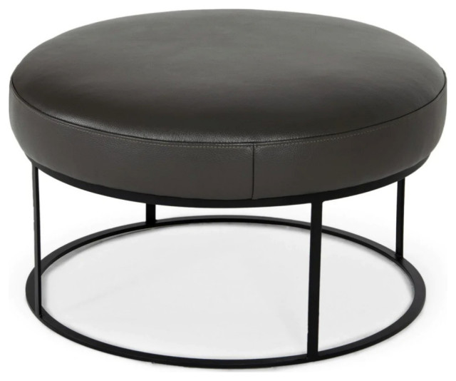 Ethan Modern Dark Gray Leather Round Ottoman - Transitional ...