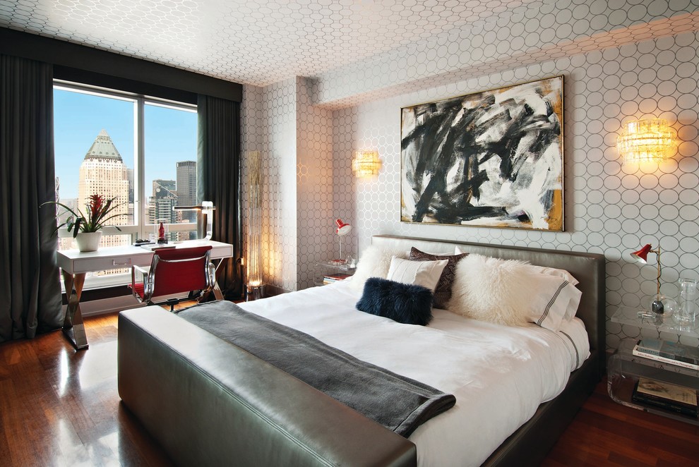 Modern bedroom in New York with multi-coloured walls and dark hardwood floors.