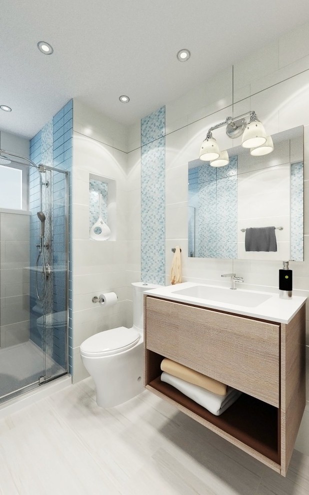 Small modern 3/4 bathroom in Austin with furniture-like cabinets, light wood cabinets, a curbless shower, a bidet, multi-coloured tile, mosaic tile, white walls, light hardwood floors, a drop-in sink, laminate benchtops, brown floor, a hinged shower door and white benchtops.