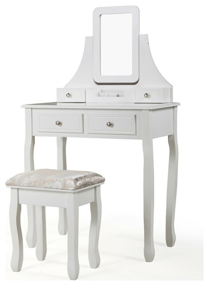 Transitional Vanity Set, 4 Drawers & Rotating Mirror With Cushioned