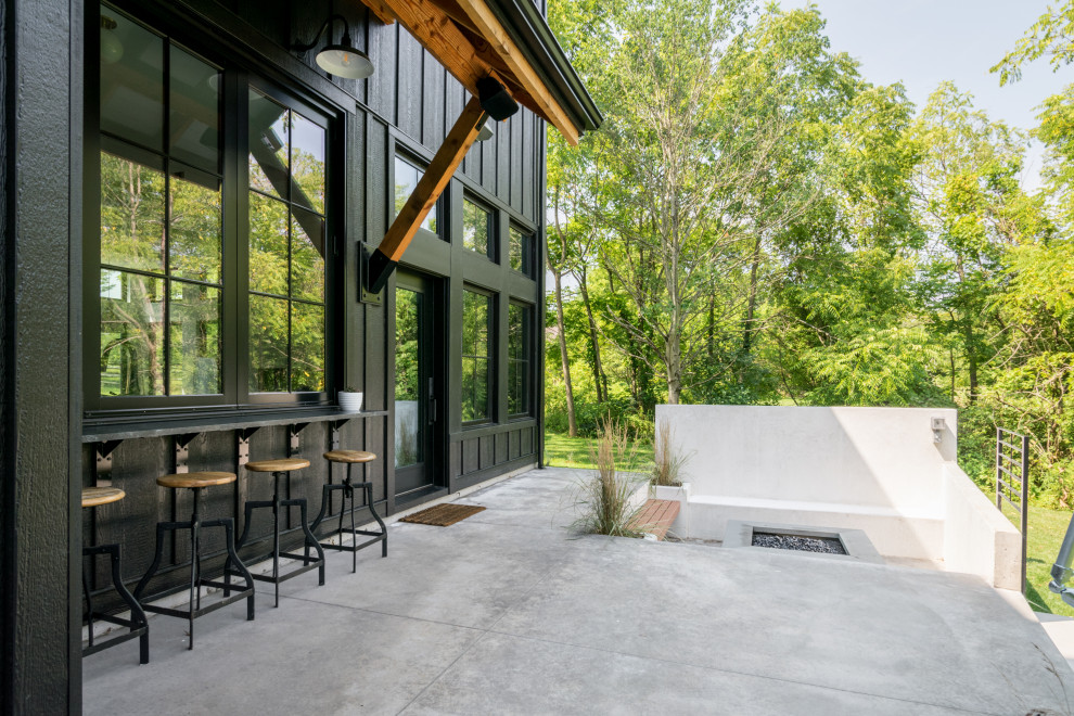 Cette photo montre une grande terrasse arrière et au rez-de-chaussée nature avec un foyer extérieur, une extension de toiture et un garde-corps en métal.