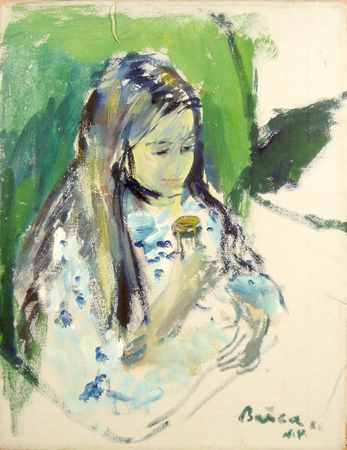 Dimitrie Berea, Small Girl With Hour Glass, Oil Painting - Contemporary