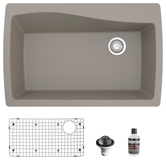 Karran Drop-In Quartz 34" 1-Hole Single Bowl Kitchen Sink Kit, Concrete