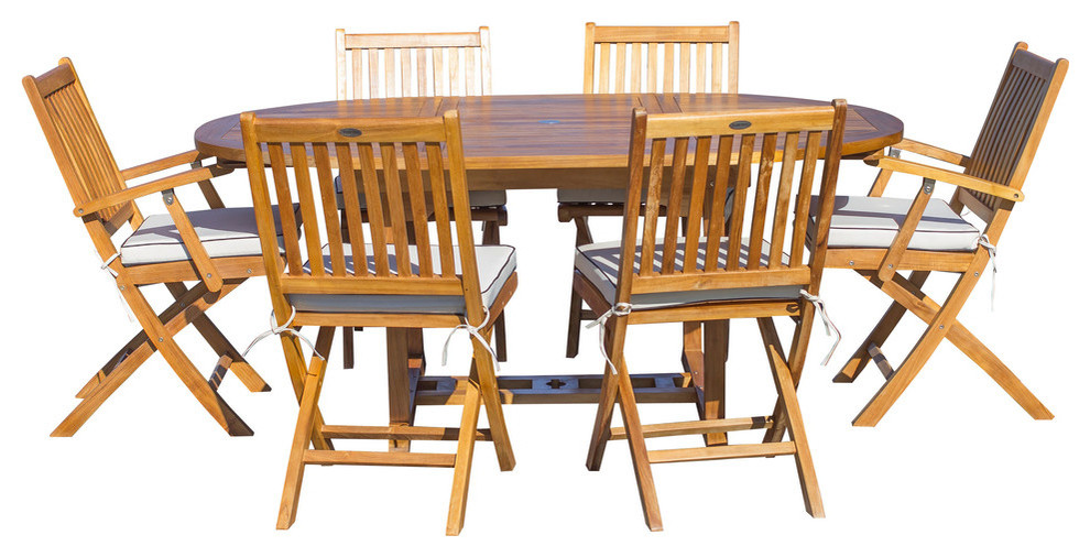 7Piece Teak Wood San Diego Patio Dining Set; Round Extension Table and