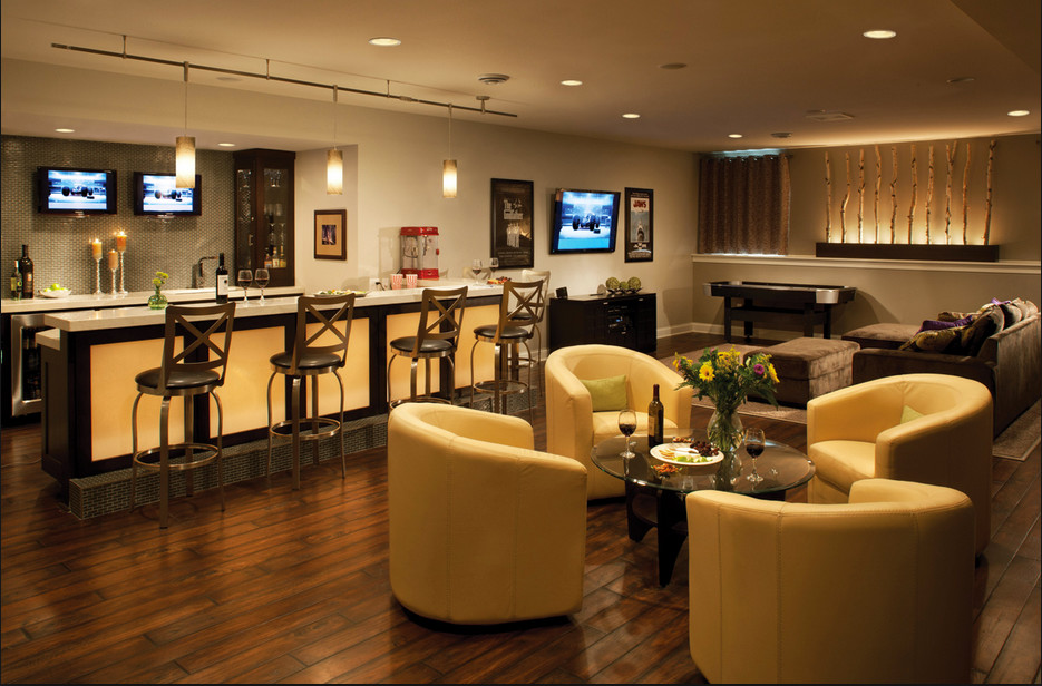 Large traditional home bar in Houston with dark hardwood floors.