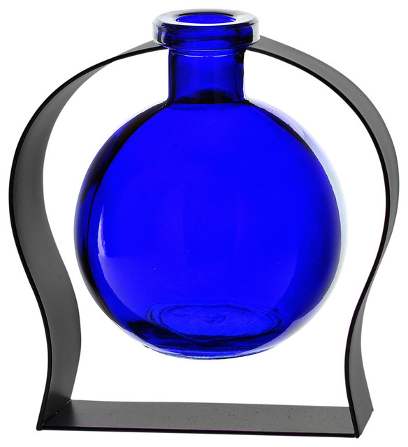Ball Recycled Glass Vase and Arched Metal Stand, Cobalt Blue