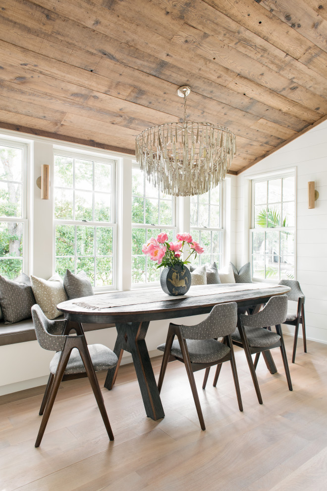 Inspiration for a small beach style dining room in Charleston with white walls, light hardwood floors, no fireplace, vaulted, wood and planked wall panelling.
