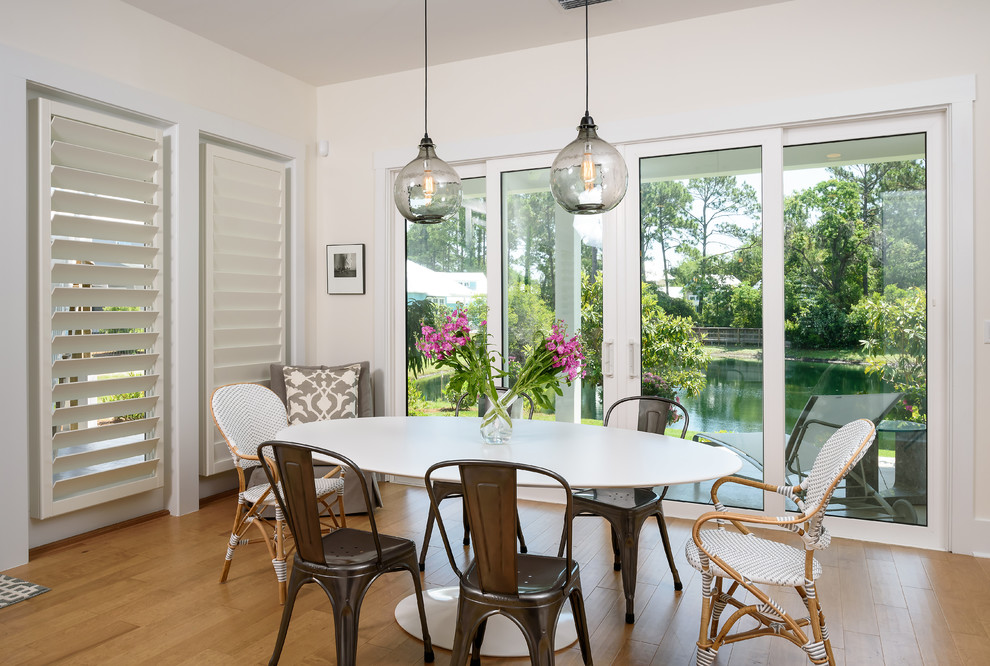 Design ideas for a beach style dining room in Jacksonville with white walls.