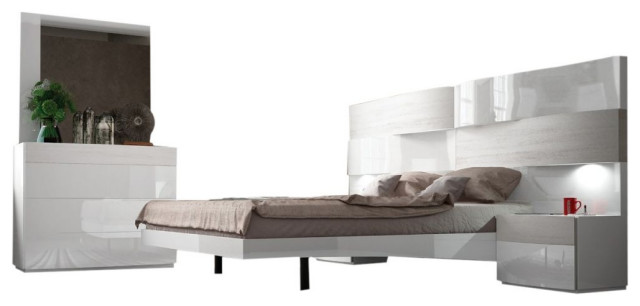 Cordoba 5 Piece Modern Bedroom Set, White High Gloss Queen Bed