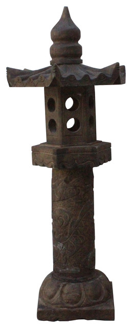 Chinese Gray Brown Dragon Phoenix Round Tower Stone Garden Lantern