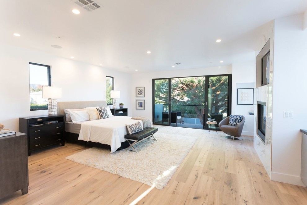 This is an example of a large transitional bedroom in Orange County with white walls, light hardwood floors, a standard fireplace and a stone fireplace surround.