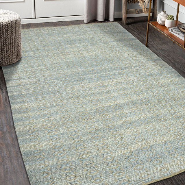 Zola Parquet Light Blue Jute/Rayon Flatweave Area Rug, 5'x8', 5'x8