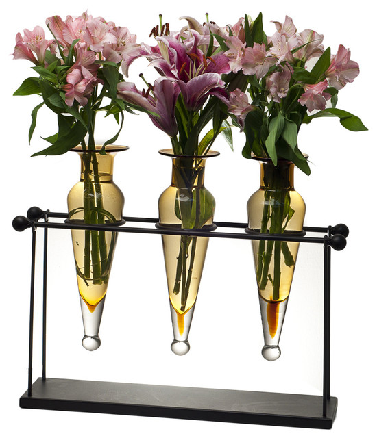 Triple Amphorae on Iron Stand With Finials Vases, Amber