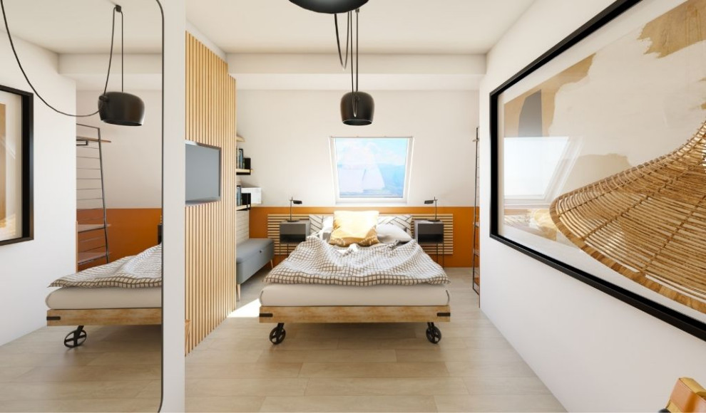 Diseño de dormitorio tipo loft y blanco y madera exótico de tamaño medio sin chimenea con parades naranjas, suelo laminado, suelo marrón y madera