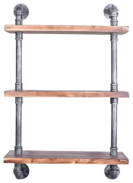 Copenhagen Floating Silver Brushed Gray Pipe Wall Shelf Pine Wood