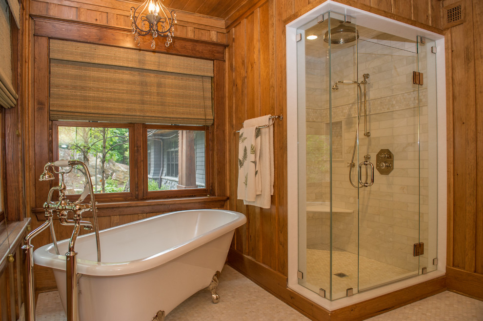 Design ideas for a country master bathroom in Toronto with recessed-panel cabinets, medium wood cabinets, a freestanding tub, a corner shower, a two-piece toilet, white tile, subway tile, mosaic tile floors, an undermount sink, granite benchtops and a hinged shower door.