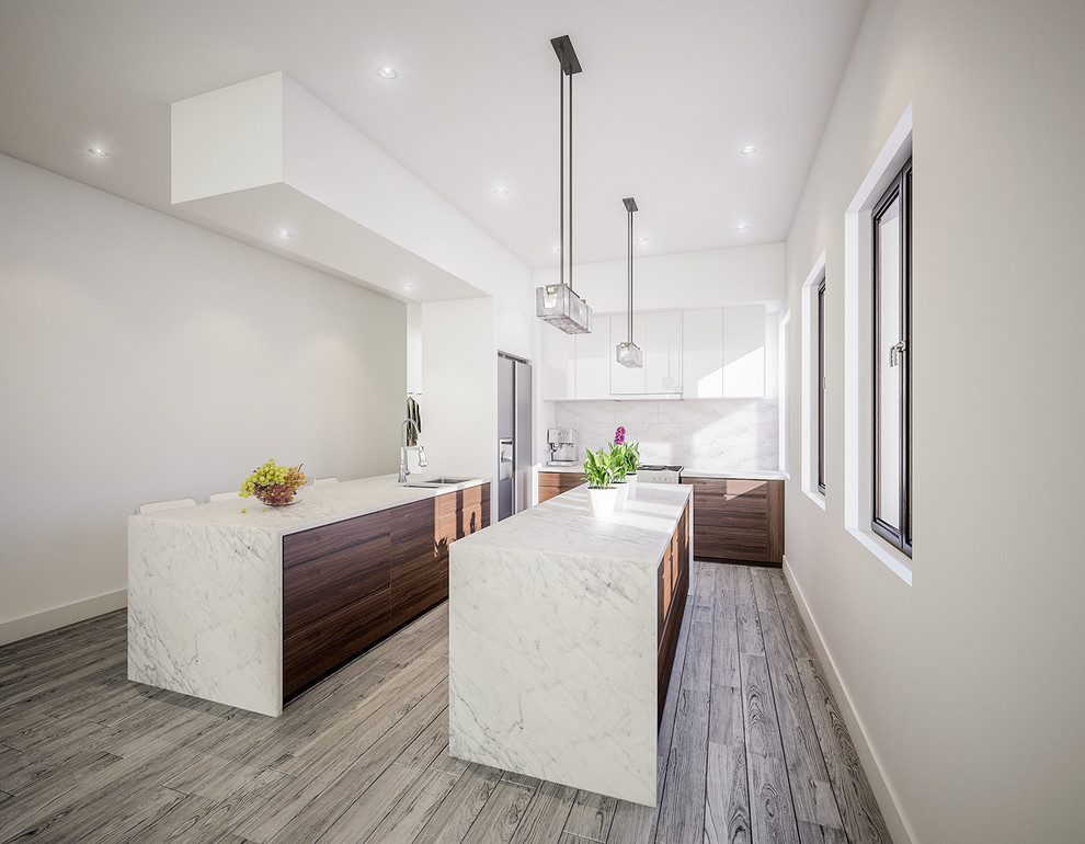 This is an example of a small contemporary l-shaped separate kitchen in New York with a double-bowl sink, flat-panel cabinets, medium wood cabinets, marble benchtops, white splashback, stone tile splashback, stainless steel appliances, light hardwood floors and with island.