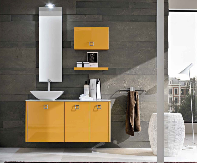 Large modern master bathroom in Miami with raised-panel cabinets, yellow cabinets, granite benchtops and beige tile.