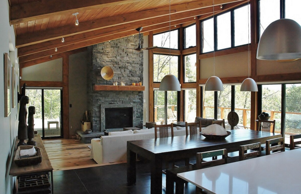 Open concept kitchen - large rustic galley dark wood floor open concept kitchen idea in Boston with an undermount sink, shaker cabinets, white cabinets, granite countertops, stainless steel appliances and an island