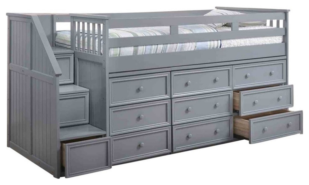 Marlena Grey Full Size Storage Low Loft Bed with Stairs